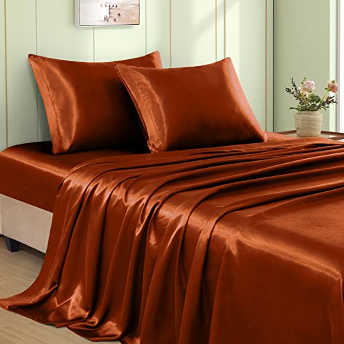 VACVELT 4pcs Rust Orange Satin Sheets Full Set, 15-Inch Deep Pocket - Silky Smooth Texture, Protects Skin And Hair, Wrinkle And Fade Resistant, Breathable Year Round, Machine Washable