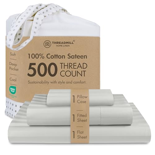 "Threadmill 500 Thread Count Twin-XL Size Damask Stripe, 3 Pc Luxury Cotton Bed Sheet Set, Silky Soft Light Grey Sheets with 15"" Elasticized Deep Pocket, 1 Pillowcase & Free Tote Bag"