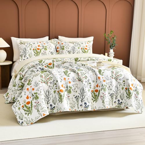 Sanracie 100% Cotton Floral Queen Quilt Bedspread Set,Yellow Flowers Plant Pattern Botanical Printed Green Floral Quilt Bedding Set 3Pcs Super Soft Lightweight Queen Coverlet Set for All Season