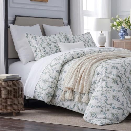 "DAUAOTO Duvet Cover Queen Size Set - 90""x90"" Cover + 2 Shams, 100% Cotton Bedding Sets Botanical Vines Print, Farmhouse Cuntry Green Pattern"