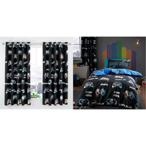 Catherine Lansfield Game Over 66x72 Inch Fully Reversible Eyelet Curtains Two Panels Black & Game Over Reversible Double Duvet Cover Set with Pillowcases Black