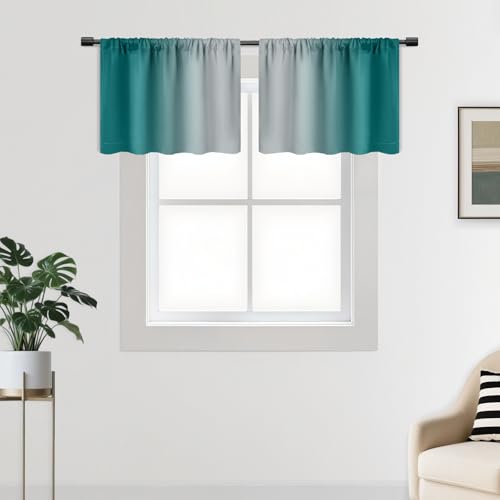 SimpleHome Teal Curtains Rod Pocket Valance for Kitchen, 52Wx18L - Gradient Light Blocking Curtain,Thermal Insulated Window Drapes, Room Darkening Waterproof Valances for Cafe, 2 Panels