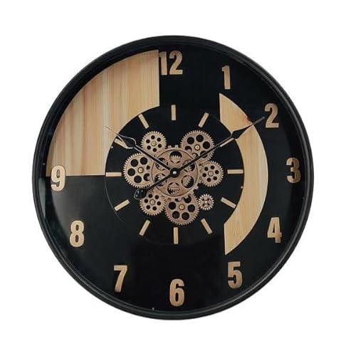 PRENDELUZ Gear Wall Clock, Black/Beech/Gold, 59 x 59 x 8 cm, with Movement, Ideal for Decorating and Organizing Spaces.