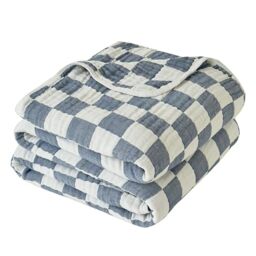 "Ultra Soft Cozy 6-Layer Checkered Muslin Blankets for Adults 100% Cotton King Size 90""x104"" Bed Blanket Breathable Lightweight Suitable for All Seasons Both Sides Blue"