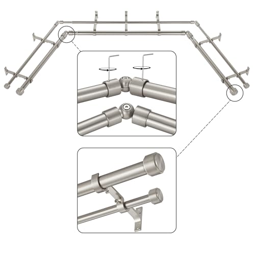 "Mayrhyme Brushed Nickel Double Corner Window Curtain Rods with Aluminum End Cap Finials and Brackets,1 Inch Diameter Dual Bay Window Curtain Rods, Adjustable 2 Sided 32-58"" and 32-86 Center Double Rod"