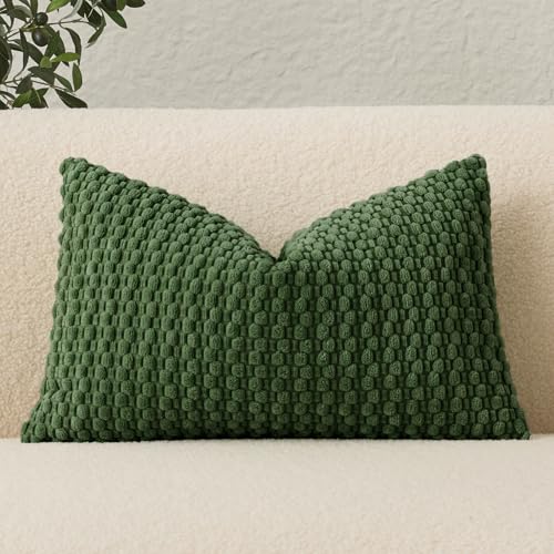 UGASA Velvet 12x20 Inch Lumbar Throw Pillow Cover, Both Sides Corduroy Striped, Soft Solid Decorative Rectangular Cushion Case for Couch/Bedroom, 1 Piece, Moss Green