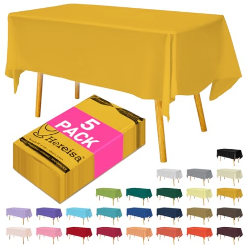 Hereisa Disposable Plastic Tablecloth Yellow 54x108 Inch, 5-Pack Waterproof Rectangular Table Cover for Parties, Picnics, Dining Protection