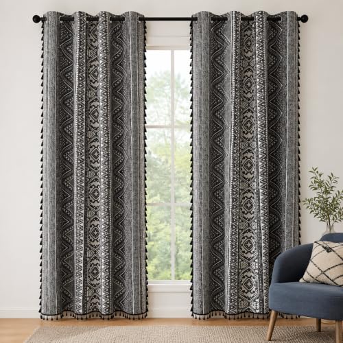 Colorbirtd 100% Blackout Boho Heat Blocking Thermal Curtains for Summer Heat Bedroom Living Room 84 Inches Dark Grey Sun Blocking Patterned Decorative Western Southwest Curtain & Drapes