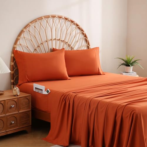 JSD Burnt Orange Sheet Set Full Size, 4 Piece Microfiber Sheets with Side Pocket Corner Straps, Extra Deep Pocket Oeko Tex Certified