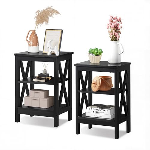 VECELO Side Table Set of 2, 3-Tier Sofa Nightstand Bedside with Storage, X Design Sturdy Metal Frame, Industrial Style for Living Room, Bedroom, Home Office