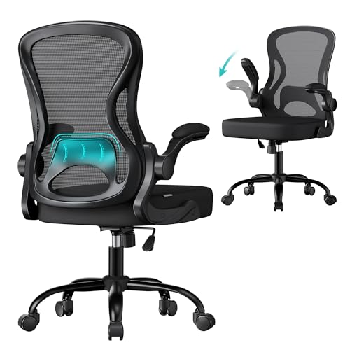 SONGMICS Ergonomic Office Chair, Mesh Swivel Desk Chair, Lumbar Support - Rocking Function, Flip-Up Armrests, for Home Office, Bedroom, Ink Black, Kime Collection OBN042BH03