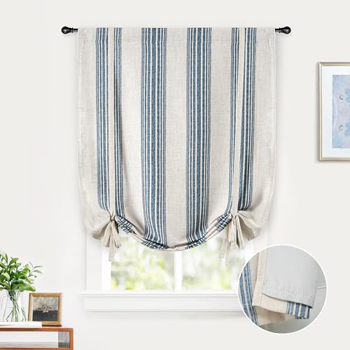 DriftAway Chris Double Layer Linen Blackout Tie Up Curtains Thermal Insulated Fully Lined Vertical Striped Balloon Roman Shade Bathroom Window Adjustable Rod Pocket 31 Inch by 47 Inch Jean Navy