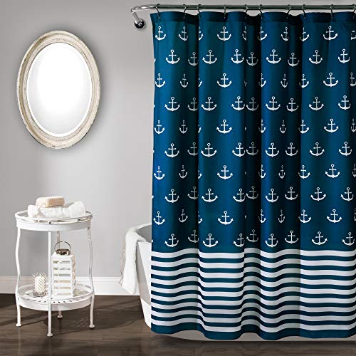 "Lush Decor Shower Curtain, Beach-Themed Bathroom Accessories (Navy Blue, Anchor Print) 72"" x 72"""