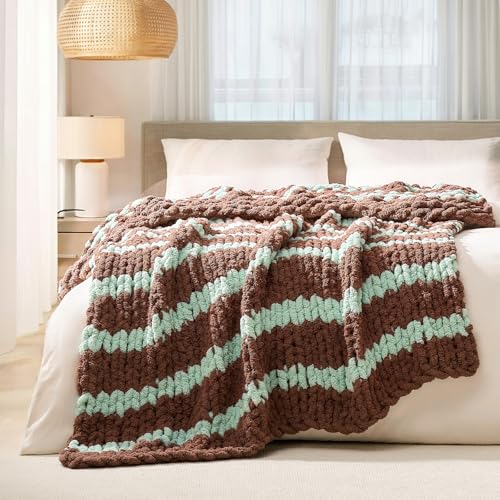 L'AGRATY Chunky Knit Blanket Throw: 50''x60'' Chenille Chunky Knitted Throw Blankets for Bed Couch - Handmade Thick Cable Knit Blanket - Large Crochet Rope Blankets for Home Decor