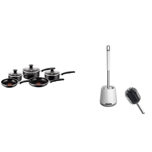 Tefal Essential, Aluminium Pots and Pans Set, 16 cm, 18 cm and 20 cm Saucepans with Lids & Ibergrif M34152 Silicone Toilet Brushes & Holders, Deep Cleaner