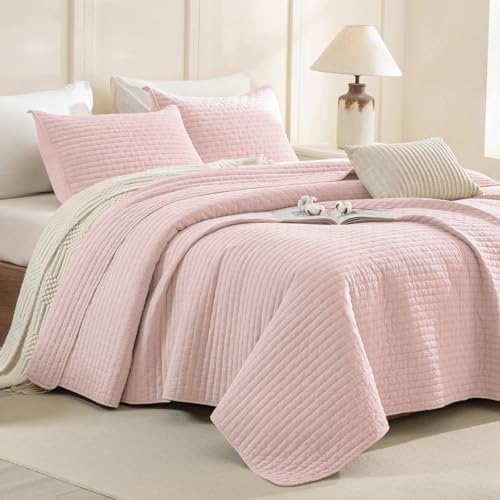 "CozyTide Stone-Washed Cotton Queen Quilt(90""x98""),Blush Pink Stitching Pattern Lightweight Summer Bedspreads & Coverlets Modern Boho Quilt Bedding Set Ultra Soft"