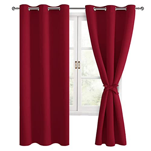 Hiasan Blackout Curtains for Bedroom and Living Room, Light Blocking, Noise Reducing Window Curtain Panels, Tiebacks Included, Set of 2, Grommet Top (Red, Width 42 Inch x Length 72 Inch)