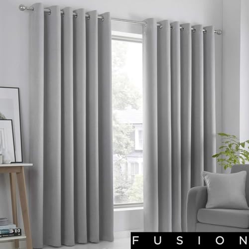 "Fusion Strata Woven Eyelet Lined Curtains, Silver, 90 x 90 Inch, 100% Polyester, W228cm (90"") x D228cm (90"")"