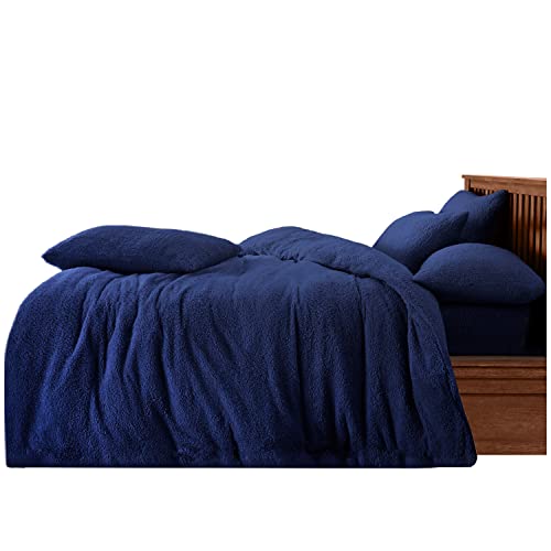 GC GAVENO CAVAILIA Teddy Fleece Duvet Cover Set Double Luxury Super Soft Cuddly Bedding with Matching Pillowcases - Warm & Cosy Fluffy Quilt Cover Bed Set for Winter Comfort - Navy Blue