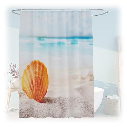 Relaxdays Shower Curtain, Shell Design, 180 x 200 cm, Mould Resistant, Washable, 12 Rings, for Bathtub, Multicoloured