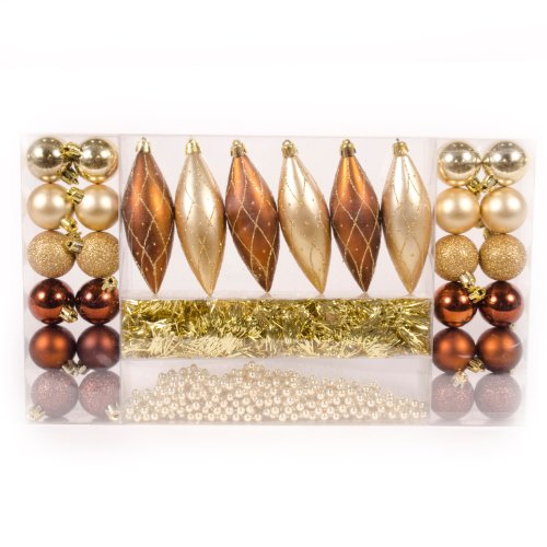 WeRChristmas 32-Piece Deluxe Variety Christmas Tree Baubles Decoration Pack with Tinsel and Beads, Brown/Gold