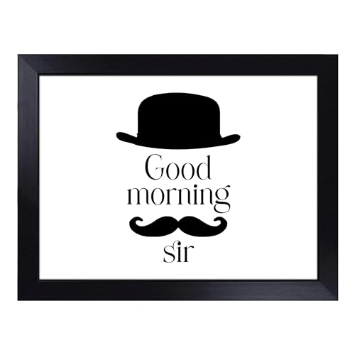 Lap Tray with Bean Bag Cushion, Good Morning Sir Typography Quote - Handmade in the UK, Raised Wooden Edge, Padded Cushion, Heat-Resistant Wipe-Clean Surface, for Meals, Laptops and Crafts