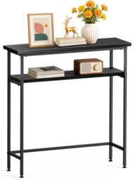 VOUNOT® Narrow Console Table, 2- Tier Slim Metal Frame Entryway Table, Small Sofa Side Table with Storage Shelf for Hallway, Living Room or Bedroom, 80x24x80 cm, Black