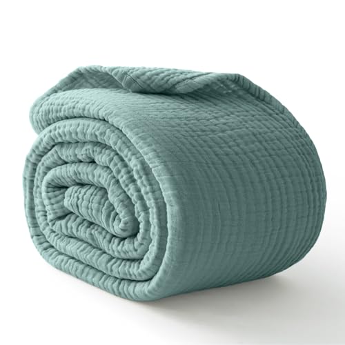 "Kozyhvn 100% Cotton Muslin Blanket Twin XL 66"" x 90"", Breathable and Cooling Bed Blankets, Soft Boho Bedspread, Gauze Bedding for Adults All Season, Turquoise, Teal"
