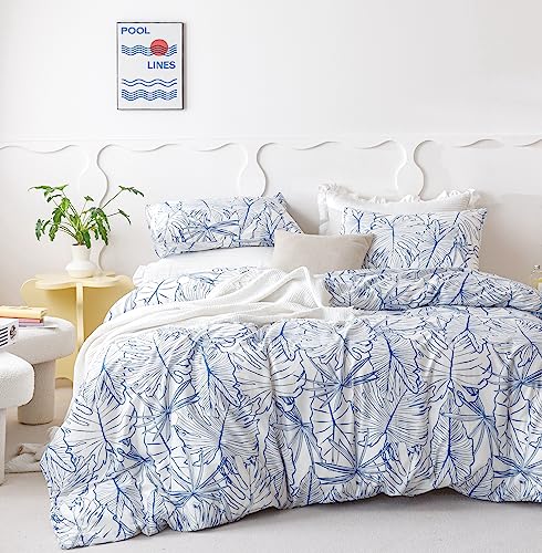 SUSYBAO Blue White Tropical Duvet Cover Queen 100% Cotton 3 Pieces Set 1 Hawaiian Monstera Leaves Duvet Cover with Zipper Ties 2 Pillowcases Coastal Blue Botanical Bedding Set Soft
