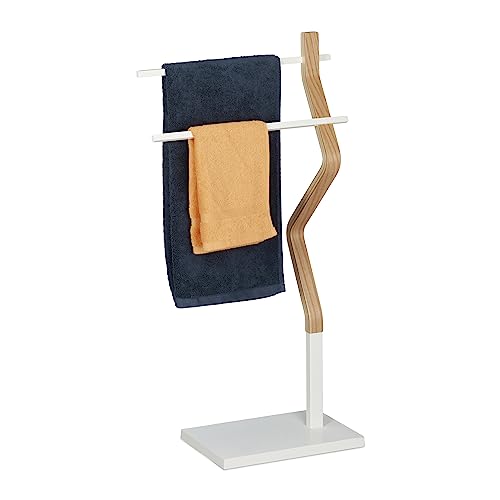 Relaxdays Towel Rack Standing, Dryer in Bent Design with 2 Bars, HxWxD: 85 x 43.5 x 20 cm, Wood & Metal, White/Natural