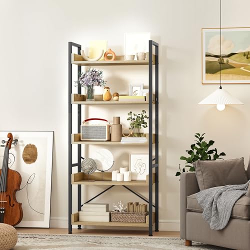 DWVO Bookcase 5 Tiers, Floor Standing Industrial Book Shelf 64cm Wide 160cm High Large Book Case Wooden Shelf and Metal Shelving Unit Display for Living Room, Home, Oak Color Bookcases