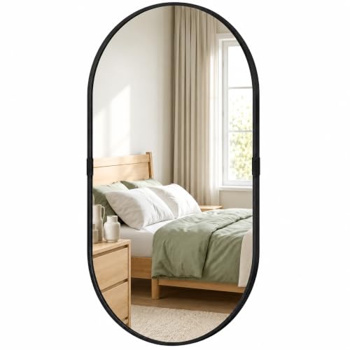 HOMCOM Oval Wall Mirror Elevated Aluminium Alloy Frame 60x90cm Black - Bathroom Mirror, Tempered Glass for Living Room, Bedroom, Hallway