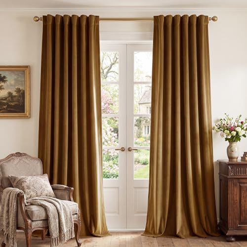 StangH Gold Brown Velvet Blackout Curtains Luxury Back Tab Thermal Insulated Window Drapes for Bedroom Living Room Halloween Autumn Holiday Decor, W42 x L84, 2 Panels