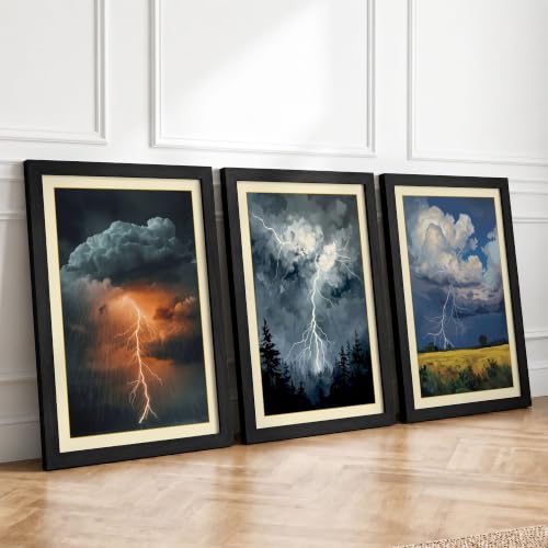 Storm and Lightning Triptych Dramatic Set of 3 Framed Wall Art Prints A4