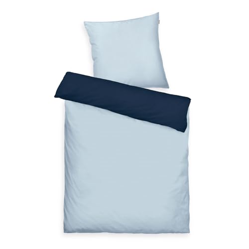 TOM TAILOR TWO-TONE SOLID COLORS Satin Bed Linen, 80 x 80 cm + 155 x 220 cm, 100% Cotton/Satin, with Double Stitching on Pillow, Reversible Motif and Coloured Branded Zip, TWO Tone Solid Colours Blue