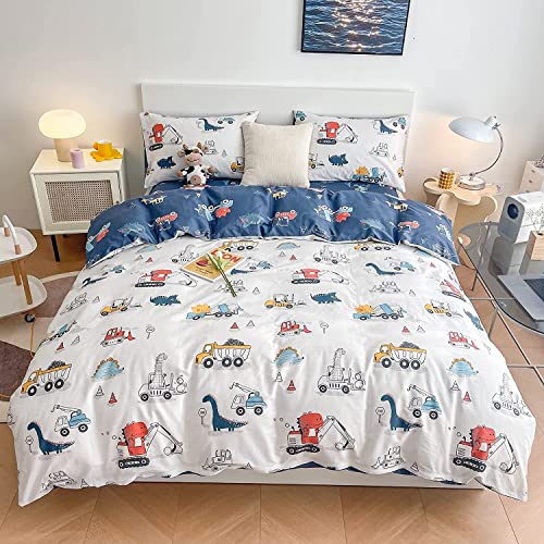DJY Dinosaur Kids Duvet Cover Set Full Size, 100% Cotton Dino Truck Car Bedding Set for Boys Girls, 3 Pieces Reversible Dinosaur Comforter Cover Set (1 Duvet Cover+2 Pillowcases)