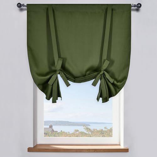 DONREN Tie Up Shade for Bathroom - Farmhouse Kitchen Curtain Thermal Insulated Window Treatment Rod Pocket Balloon Christmas Valance (1PC,Olive Green,34W x 45L)