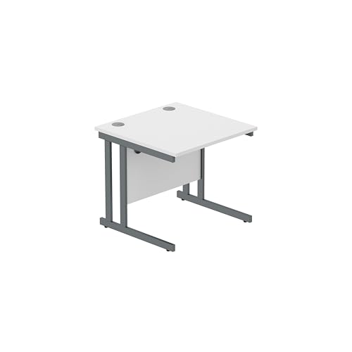 Office Hippo Heavy Duty Rectangular Cantilever PC Desk, Table, Home, Integrated Cable Ports, 5 Yr Wty, Graphite Frame, Arctic White, 140 x 60 cm