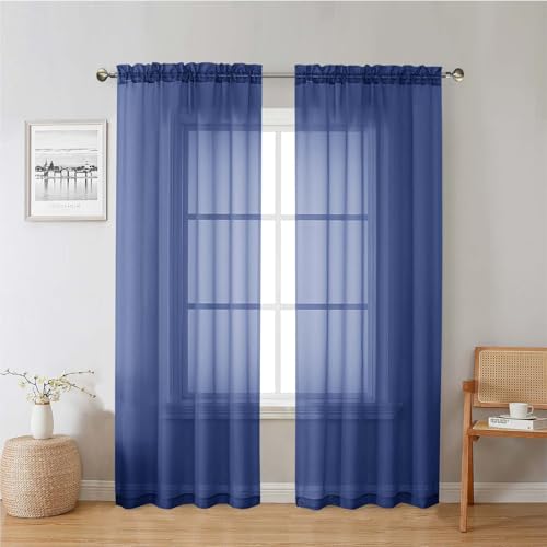 "Lecloud Royal Blue Sheer Curtains 78 Inches Long 2 Panels Set, Privacy Light Filtering Drapes, Airy Solid Window Curtain with Rod Pocket for Living Room Bedroom Basement, Each Panel 42"" W x 78"" L"