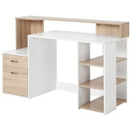 HOMCOM Computer Desk PC Table Modern Home Office Writing Workstation Furniture Printer Shelf Rack w/Storage Drawer & Shelves (Oak and white)