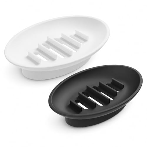 2 Pack Soap Dishes for Bathroom Shower Kitchen Sink, Black & White - Self Draining Soap Holder, Non Slip Oval Soap Case with Drainage Ridges, Waterfall Drying Soap Box for Home Use