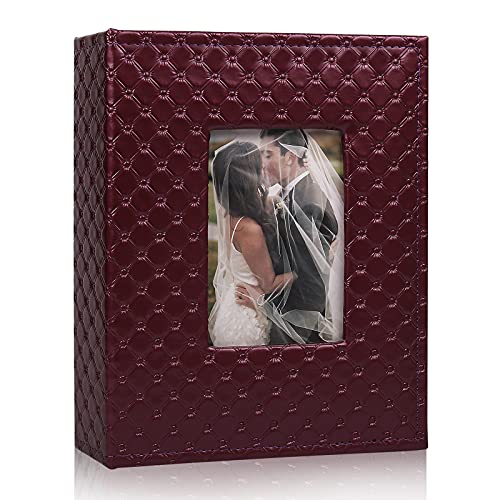 RECUTMS Photo Album 4x6 200 Pockets Leather Cover Picture Book Wine Red - Horizontal Pocket,DIY Front Window,Black Inner Page,Large Capacity,Ideal Gift,for Family Wedding Anniversary Travel Memory