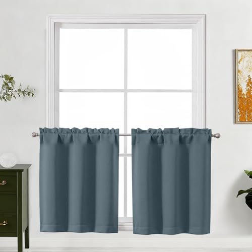 "Lecloud Stone Blue Kitchen Curtains 24 Inch Length 2 Pcs, Privacy Modern Room Darkening Curtain, Thermal Window Treatments Drapes Rod Pockets for Cafe Bedroom Cabinet Camper, Each Panel 30"" W x 24"" L"