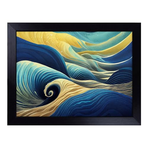 Lap Tray with Bean Bag Cushion, Surrealistic Ocean Wave Abstract - Handmade in the UK, Raised Wooden Edge, Padded Cushion, Heat-Resistant Wipe-Clean Surface, for Meals, Laptops and Crafts