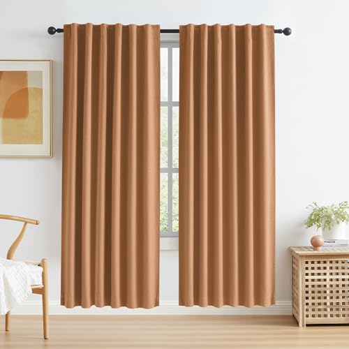 KEQIAOSUOCAI Linen Blackout Curtains, Short, 2 Panels, 50 inches W x 80 inches L, for Living Room, Tab Top, Boho, Muted Ochre Orange, Curtains for Bedroom