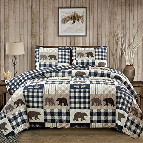 Market & Place 3 Piece Reversible Quilt Set with Sham - King Cabin Comforter Set - Rustic Bear Buffalo Check Lodge Bedding - Orson Collection (King, Navy/Taupe)