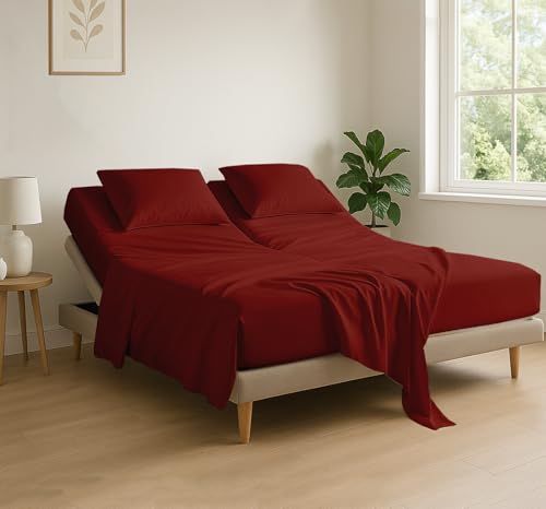 "Cottingon 4 Piece Flex Head King Sheet Set, Top 34 Inch Split Sheets for Sleep Number Adjustable Beds, Soft Breathable 100% Egyptian Cotton, Fits Upto 16"" Deep Mattress 78""X80""+ 34"", Burgundy"