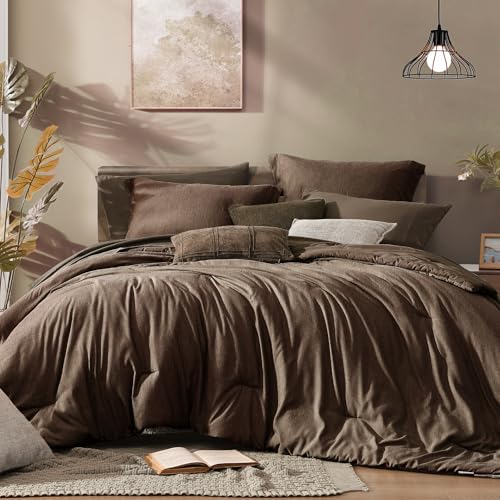 Monbix Full Size Comforter Set 7 Pieces Chocolate Brown Bed in a Bag - Cationic Dyeing Reversible All Season Bedding Sets with Comforter, Sheets, Pillowcases & Shams