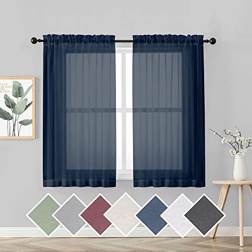 OVZME Sheer Curtains 45 inches Long for Kitchen Curtains, Rod Pocket Clean Selvedge Voile Window Treatments, 2 Panels=84 Inches Width, Navy Blue.