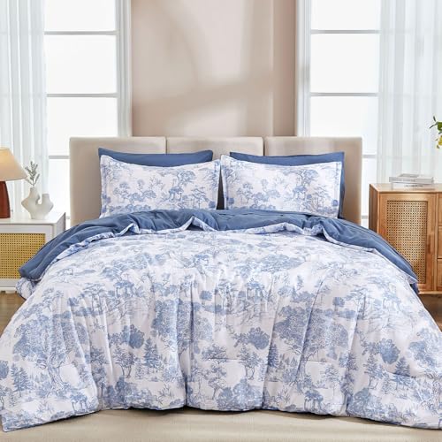 DJY Blue Comforter Set Twin Size,5 Pieces Botanical Comforters with Sheets Elegant Plants Print Soft Microfiber Reversible Complete Bedding Sets for All Season